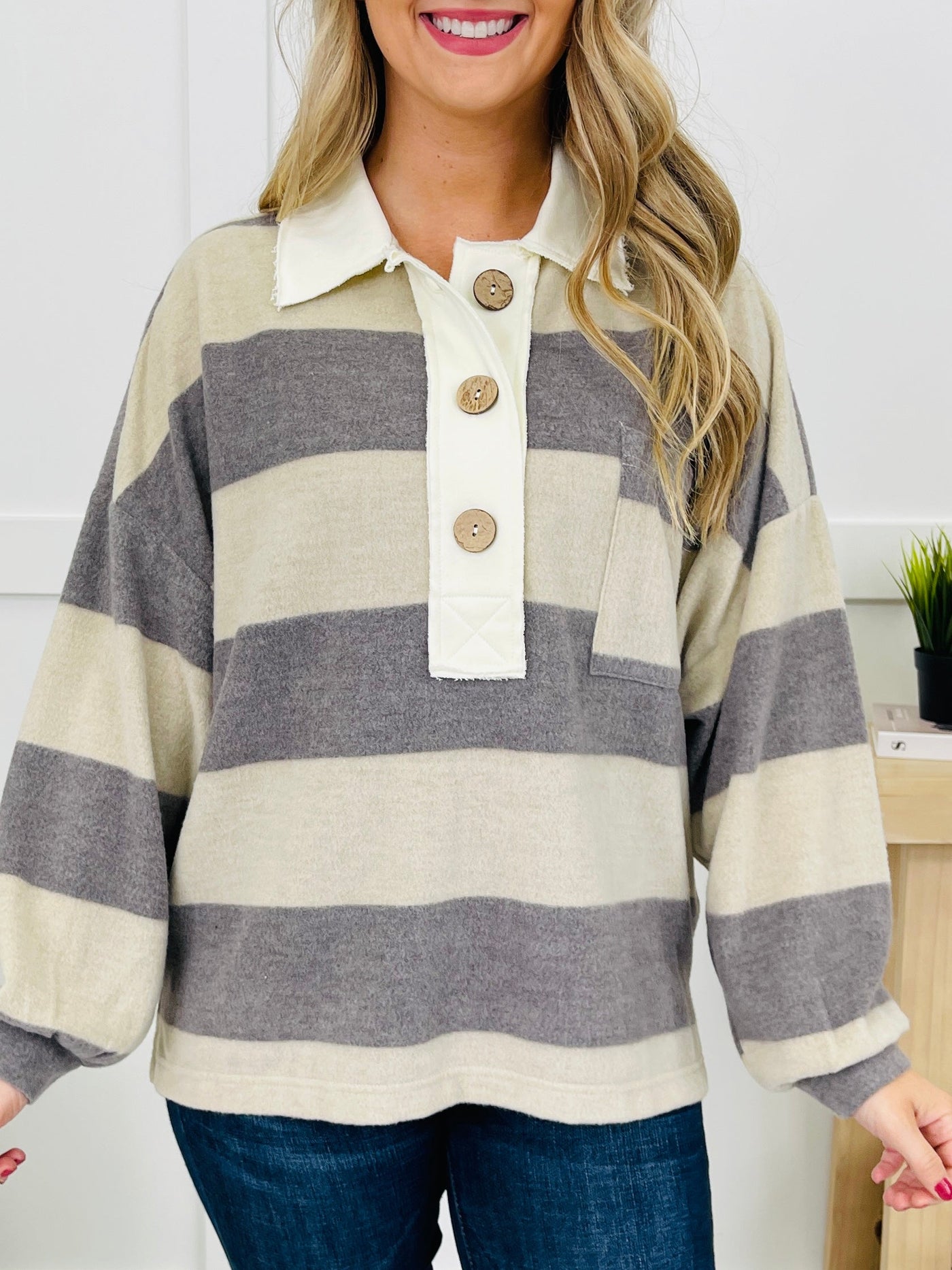 Buttoned Up Beauty Sweater In Charcoal