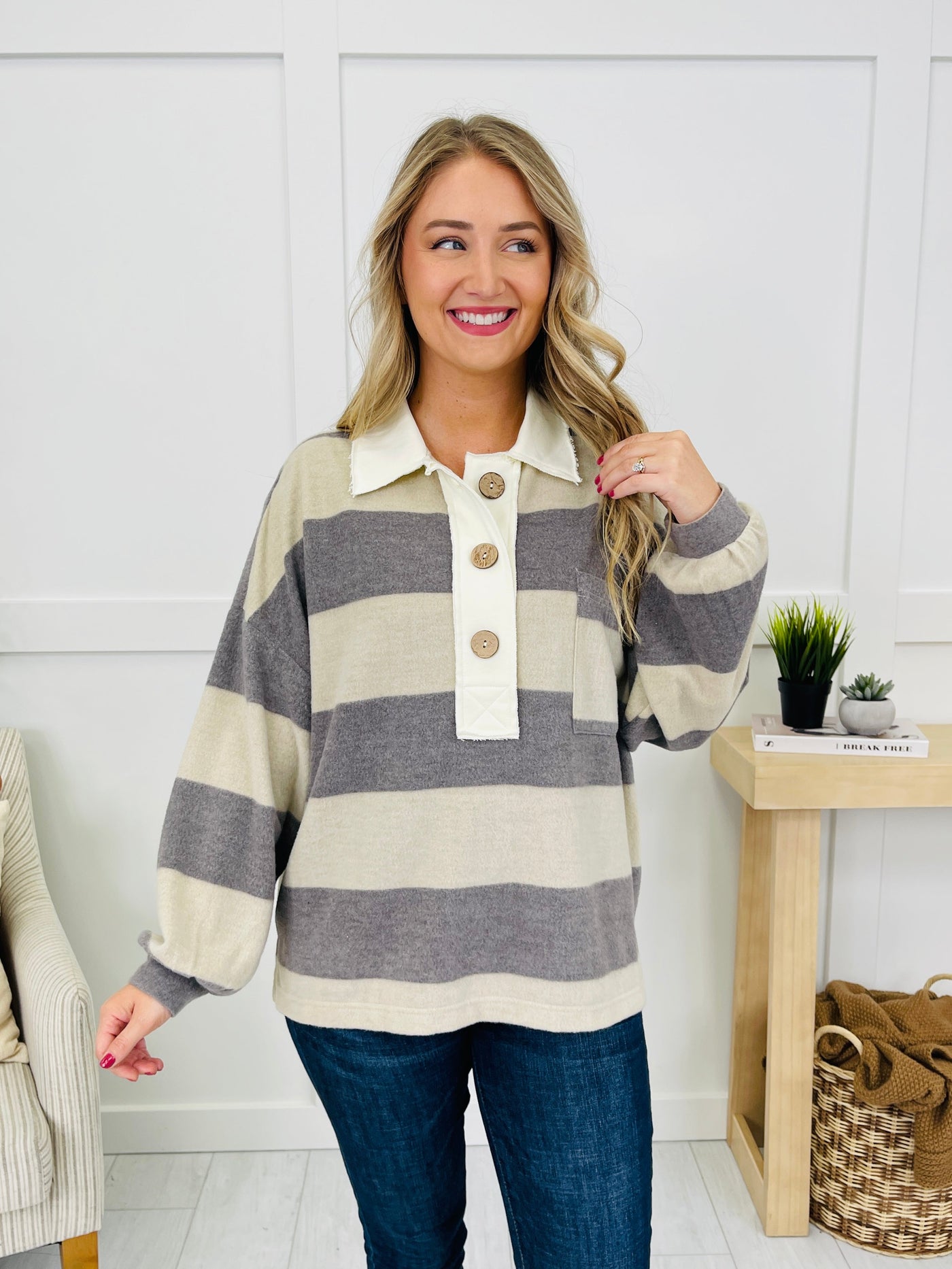 Buttoned Up Beauty Sweater In Charcoal