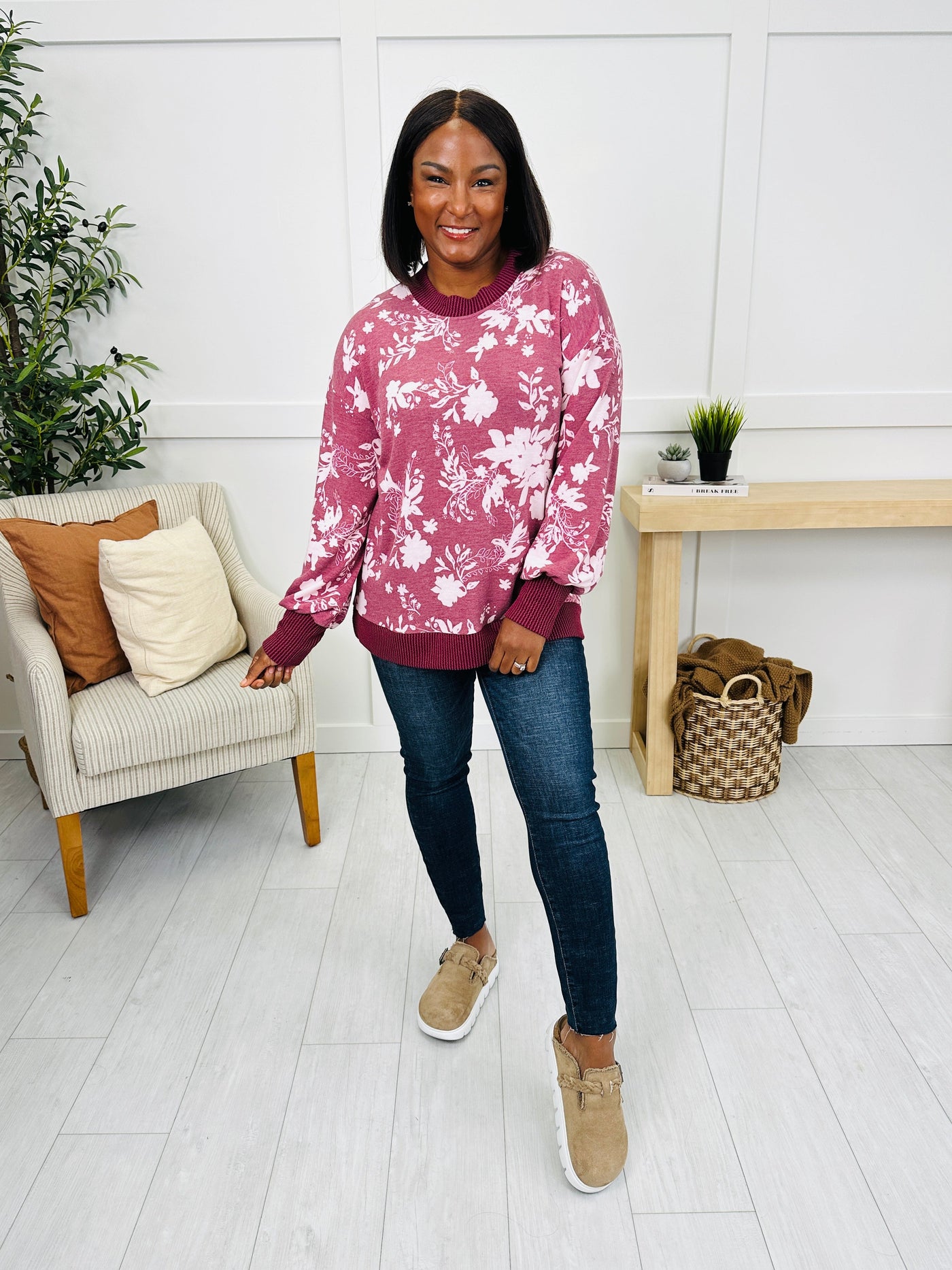 Blossoms In The Breeze Pullover in Burgundy