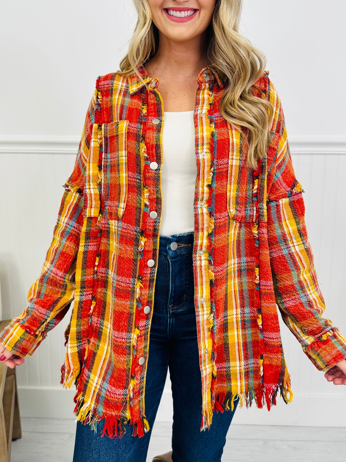 Cabin Fringe Flannel in Orange/Red