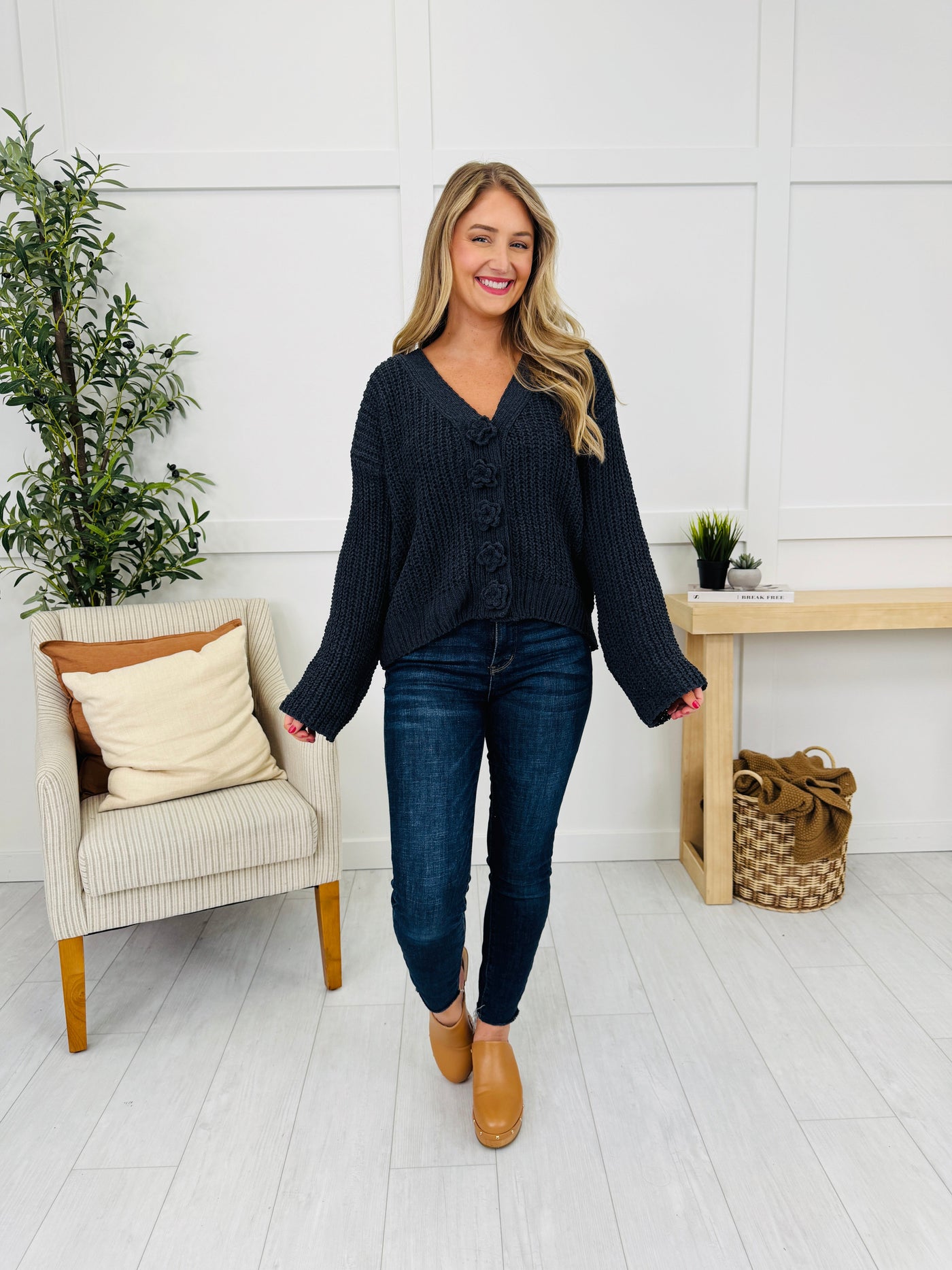 Bloom Where Buttoned Cardigan in Ink Charcoal