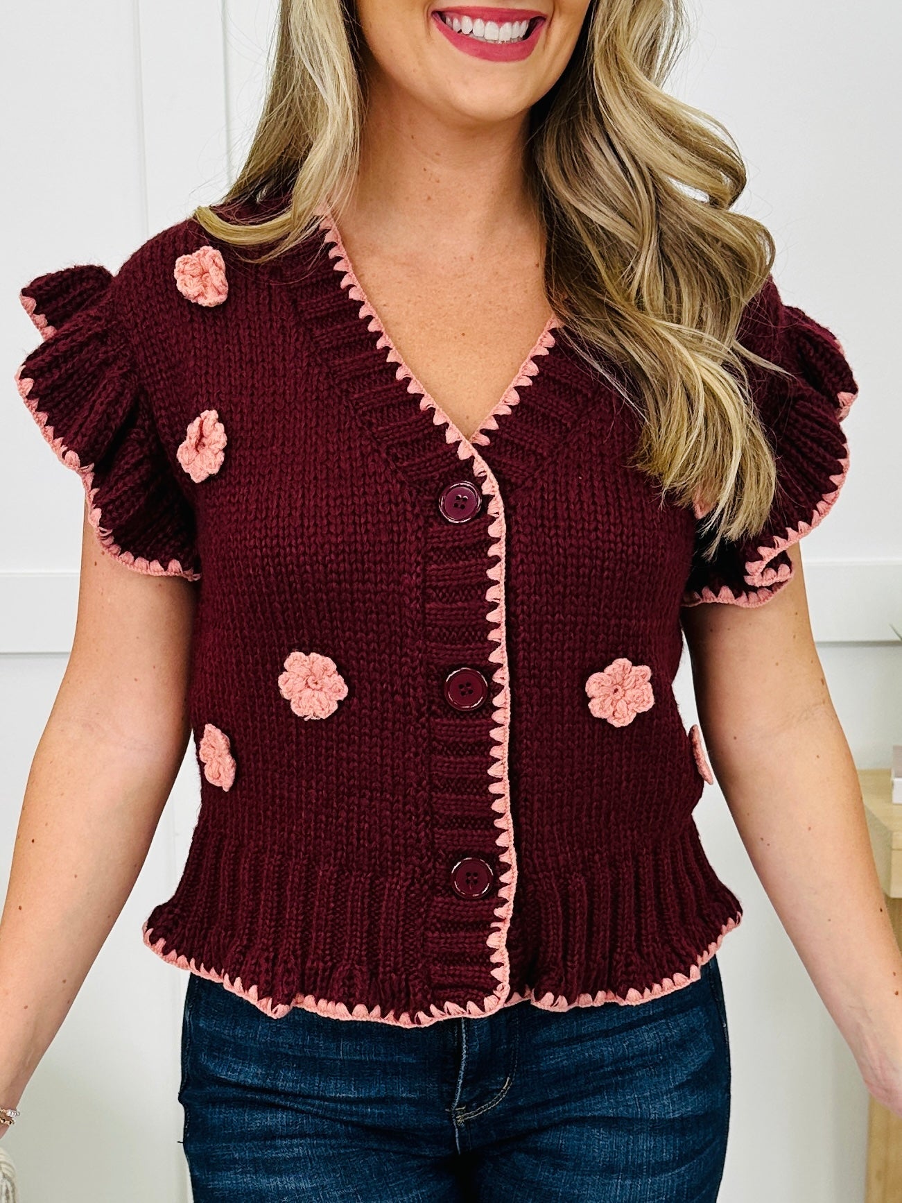 Buttoned Blooms Cardigan in Burgundy