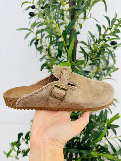 Buckle Blissed Clogs in Beige