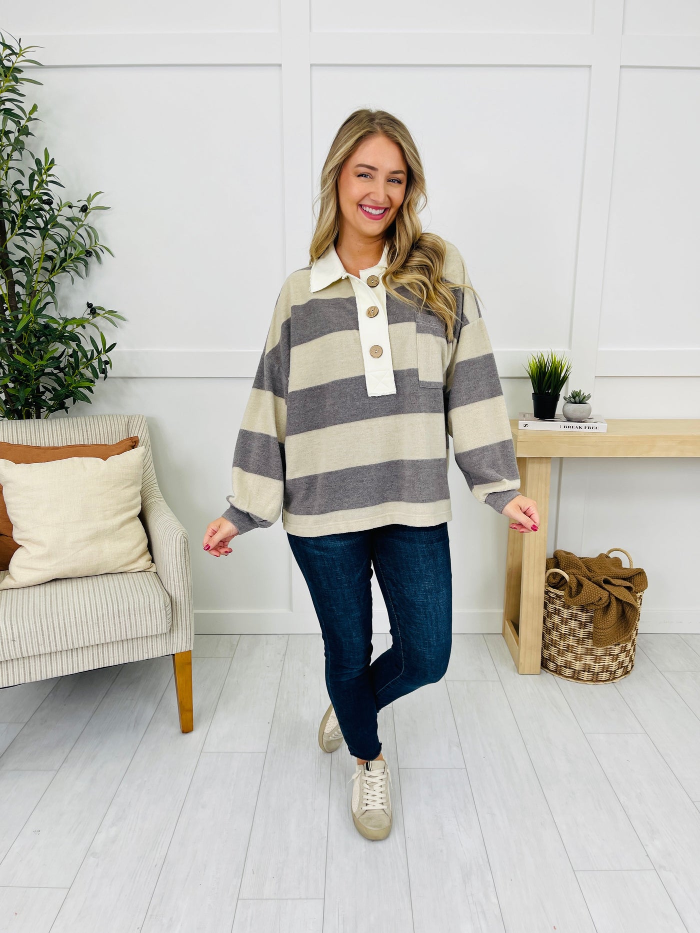 Buttoned Up Beauty Sweater In Charcoal