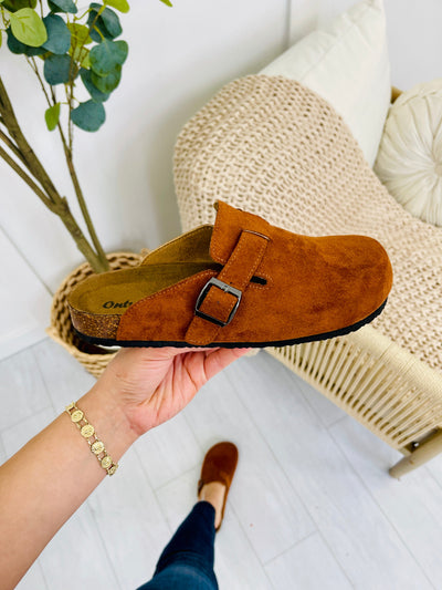 Buckle And Stroll Clogs In Whiskey Suede