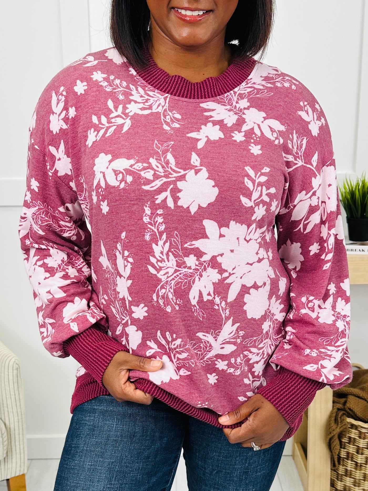 Blossoms In The Breeze Pullover in Burgundy