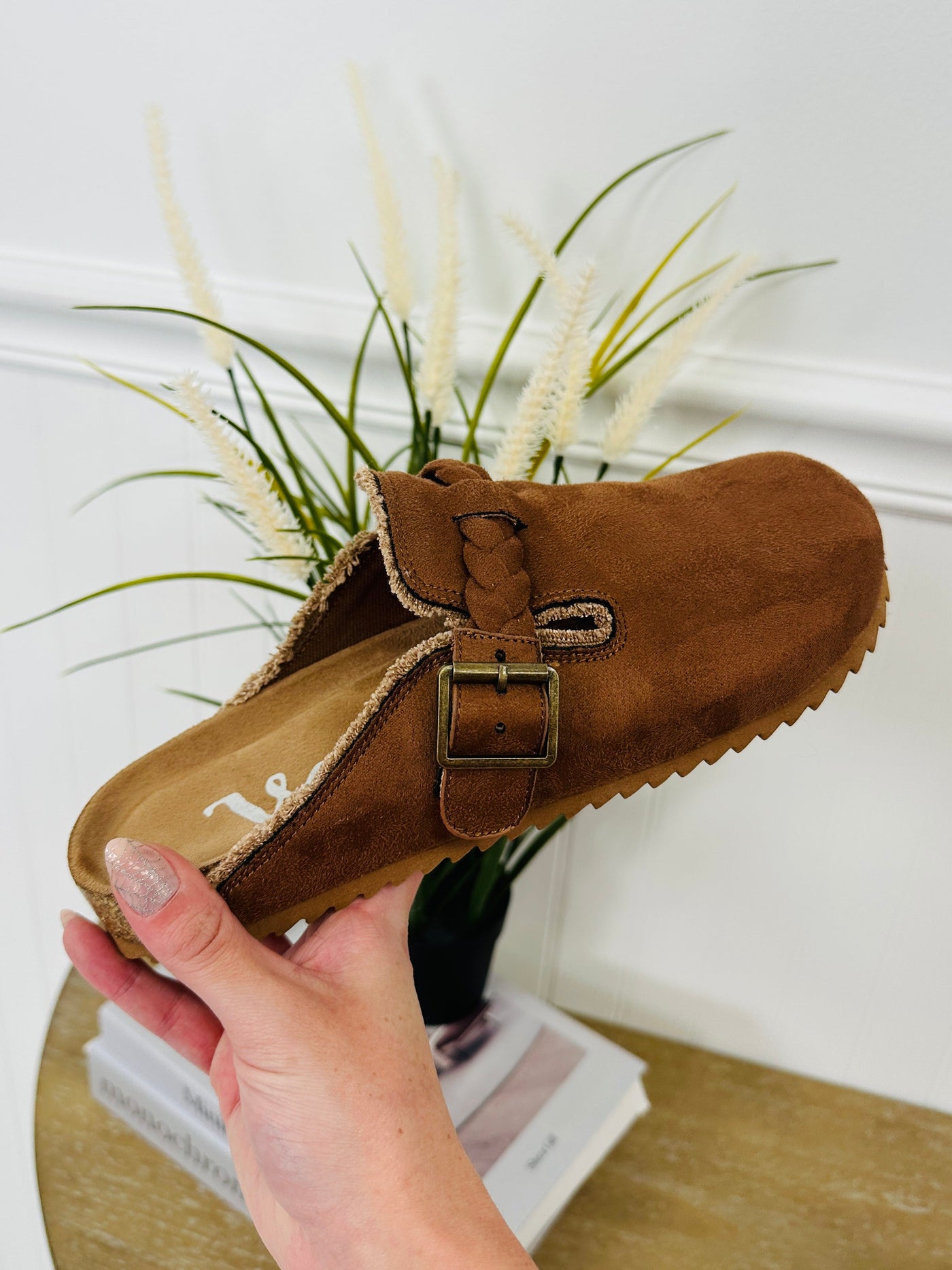 Buckle Blissed Clogs in Tan