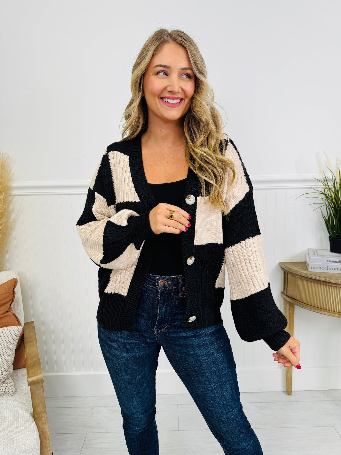 Break The Pattern Cardigan in Oatmeal/Black