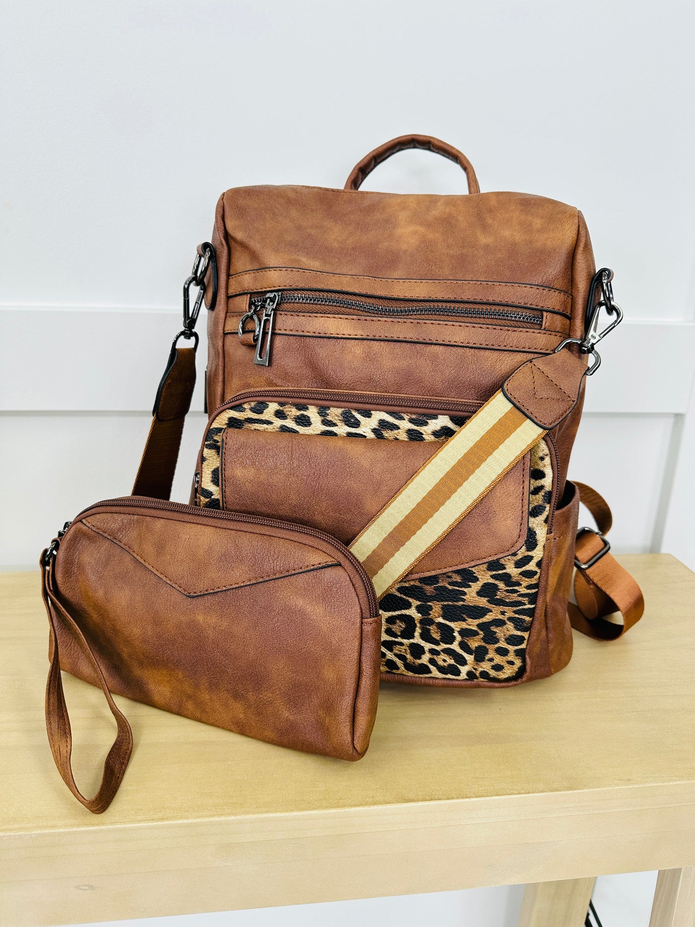Brown Backpack Purse Set