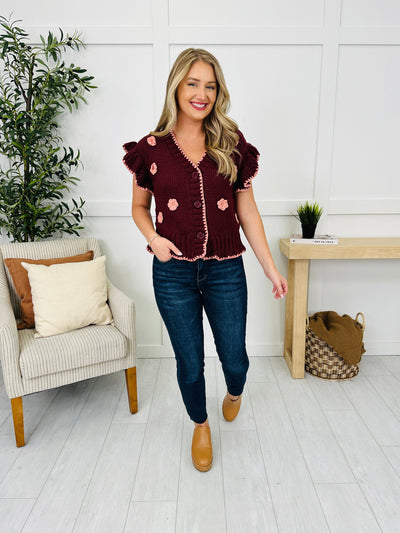 Buttoned Blooms Cardigan in Burgundy