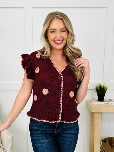 Buttoned Blooms Cardigan in Burgundy
