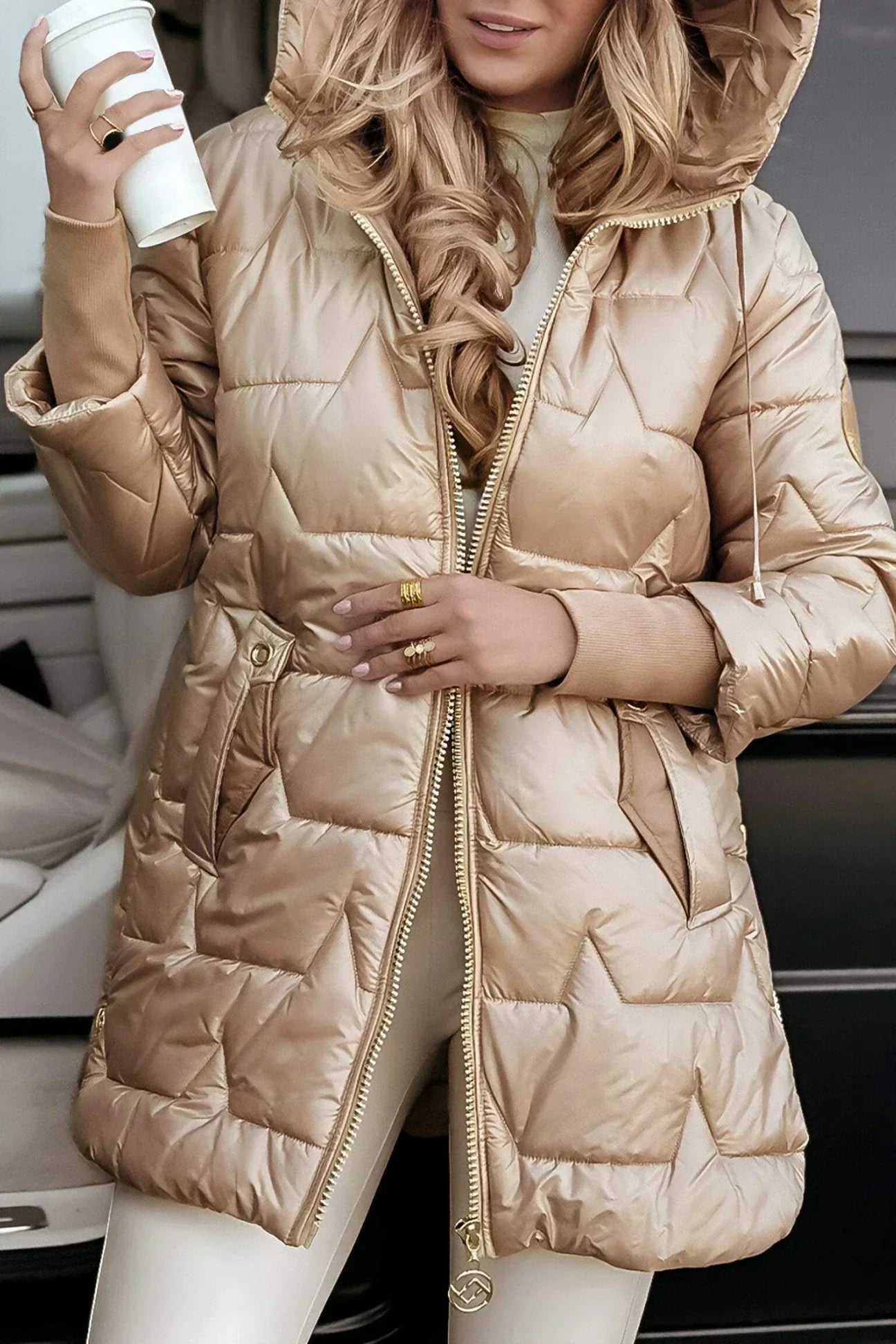 Lina | Long, Warm Quilted Jacket with Oversized Hood